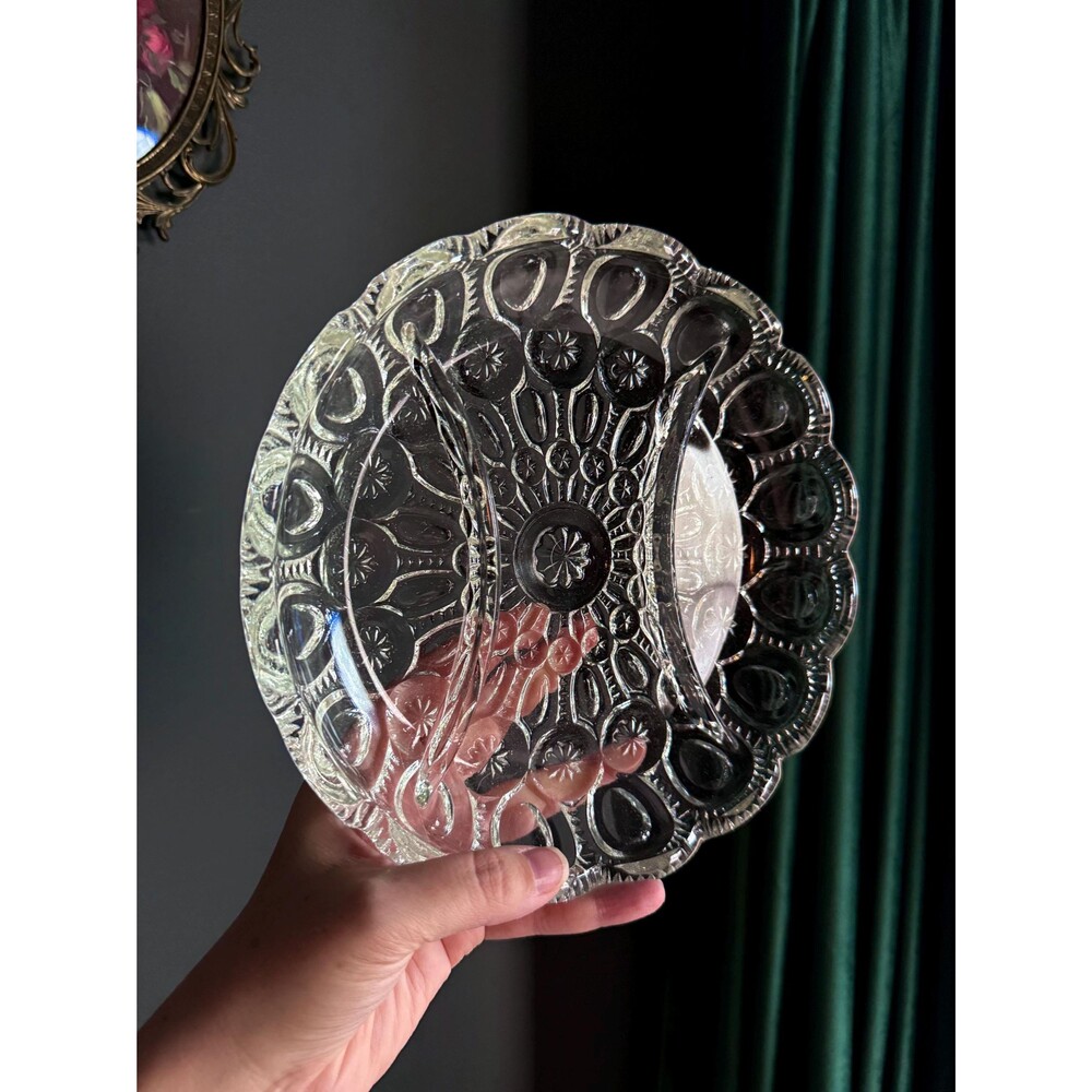Vintage L.E. Smith Moon & Stars Glass Relish Dish - 8.25" Divided Bowl